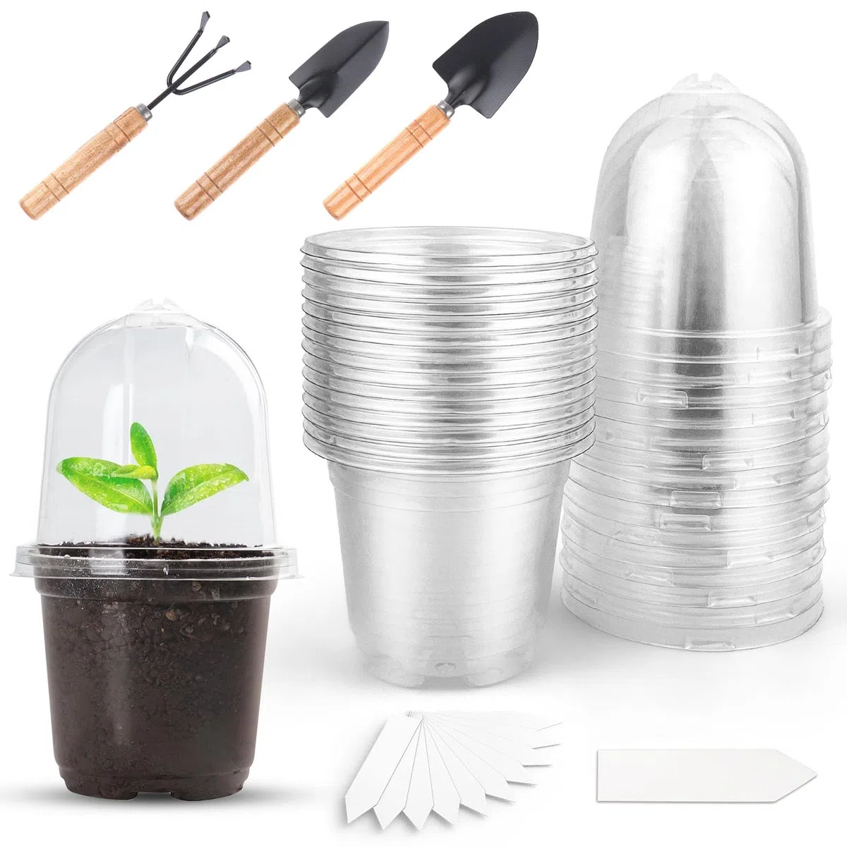 15 macetas de cultivo, macetas con tapa, 15 × 9 cm, con 15 etiquetas, 3 herramientas de jardín, juego de herramientas para semillas, plántulas, suculentas