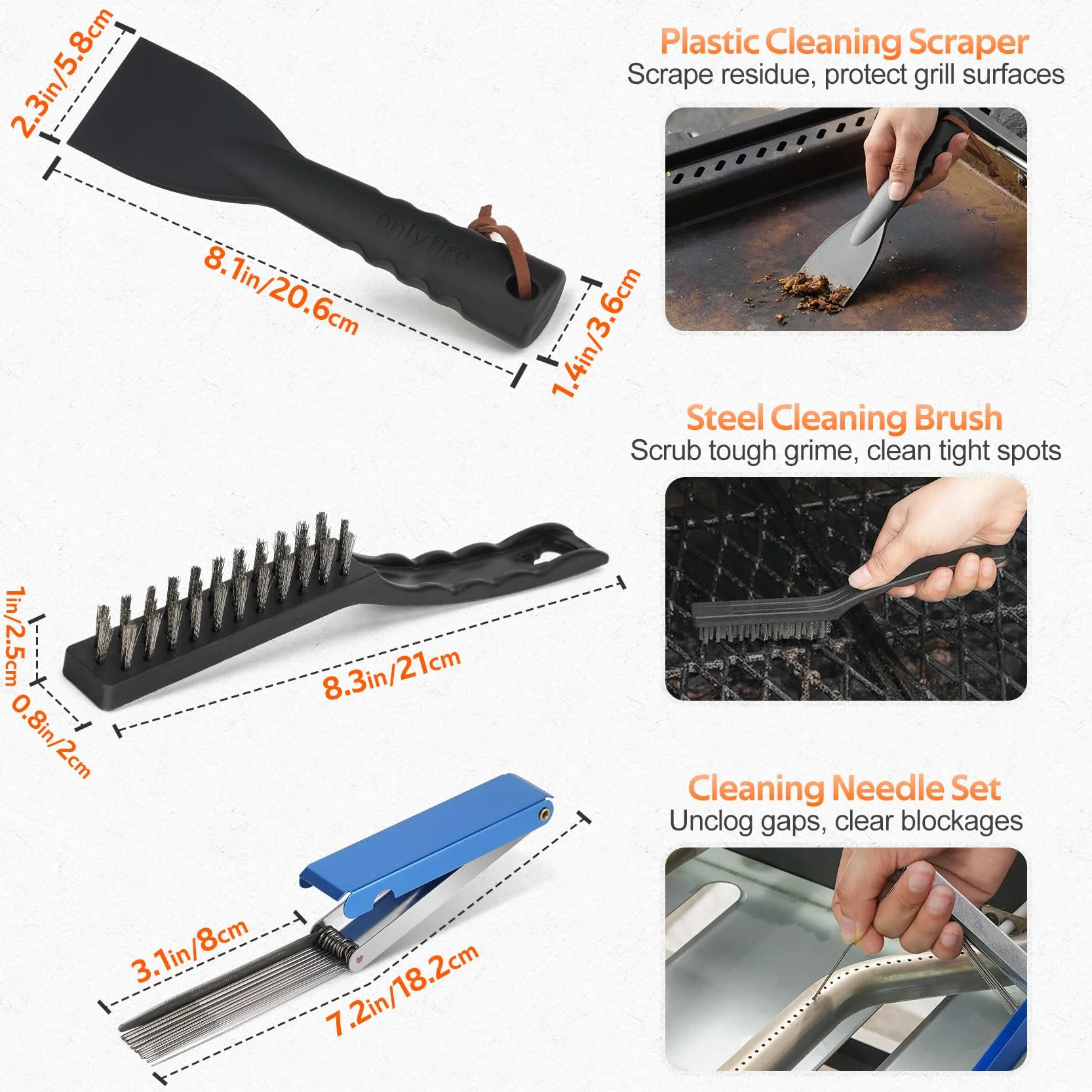 Onlyfire Kit de Limpieza BBQ 3 Piezas, Incluye Raspador de Plástico, Cepillo de Alambre y Agujas de Acero Inoxidable para Eliminar Óxido y Atascos, Kit Limpieza Parrilla con Orificio para Colgar