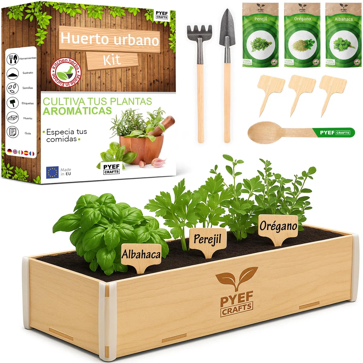 Huerto Urbano Hierbas Aromáticas - Kit Plantas Aromáticas Interior con Semillas de Orégano, Albahaca, Perejil y Cilantro - Caja de Madera - Kit Semillas Plantas Culinarias para Casa