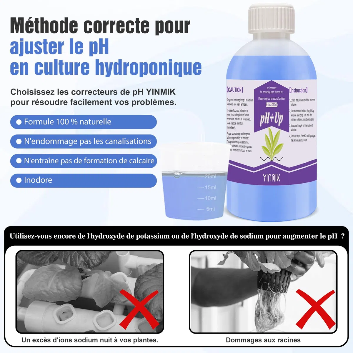 YINMIK Regulador de pH Hidropónico Universal, Kit de Ajuste de pH Hacia Arriba/Abajo (2 * 250 ml solución tampón premium), Eestabiliza y Es Apto Para Todos los Sistemas de Fertirrigación Hidropónica