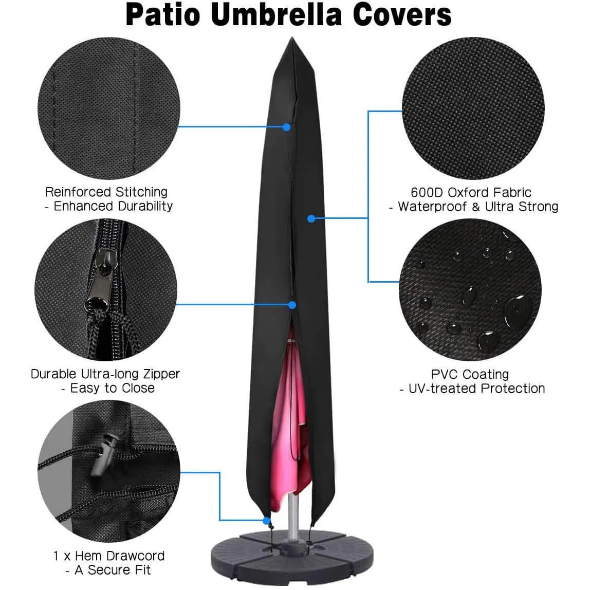 Funda para Parasol, Funda Sombrilla Jardin, 600D, Impermeable, Antipolvo, Resistente a los Rayos UV, 190x25x50cm, Negro