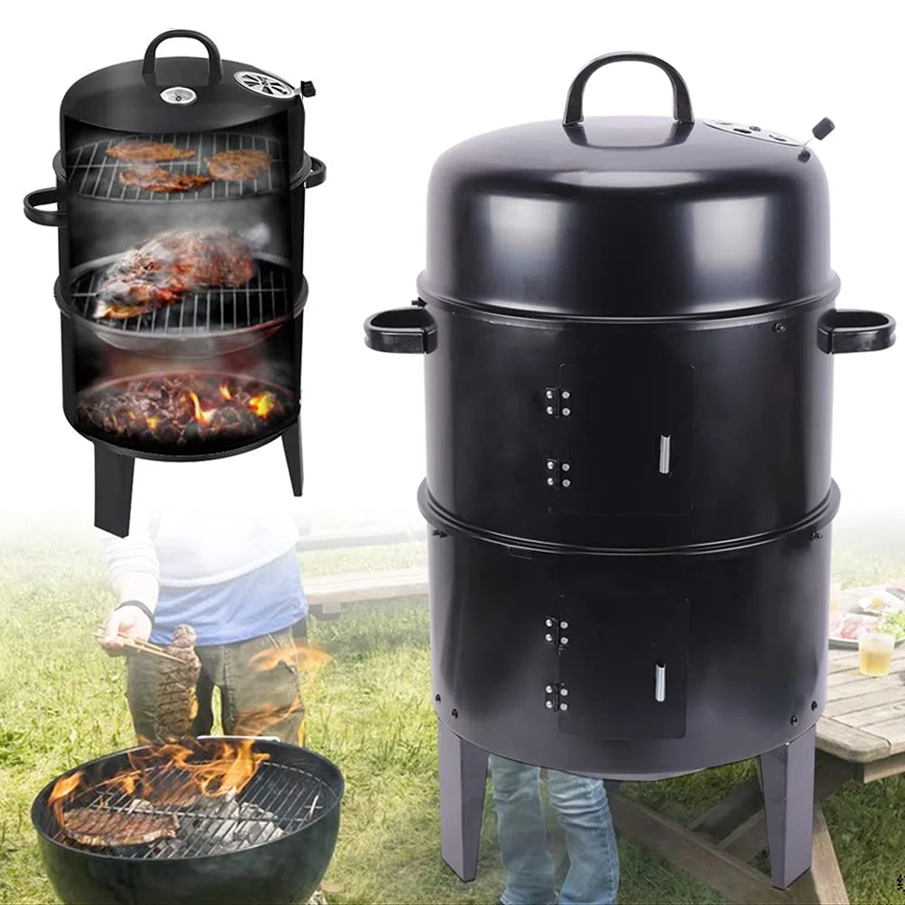Horno para ahumar 3 en 1 barbacoa de carbón vegetal con termómetro, barril de ahumar con tapa, color negro