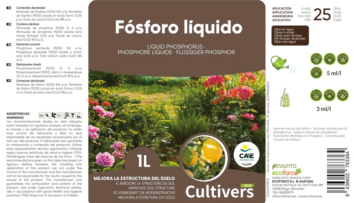 CULTIVERS Fósforo Ecológico Líquido 1L. Abono y Fertilizante para Plantas y Cultivos, proviene de la Roca Fosfórica. Mejora Raíces, Floración, Fructificación y Resistencia a Enfermedades y Estrés