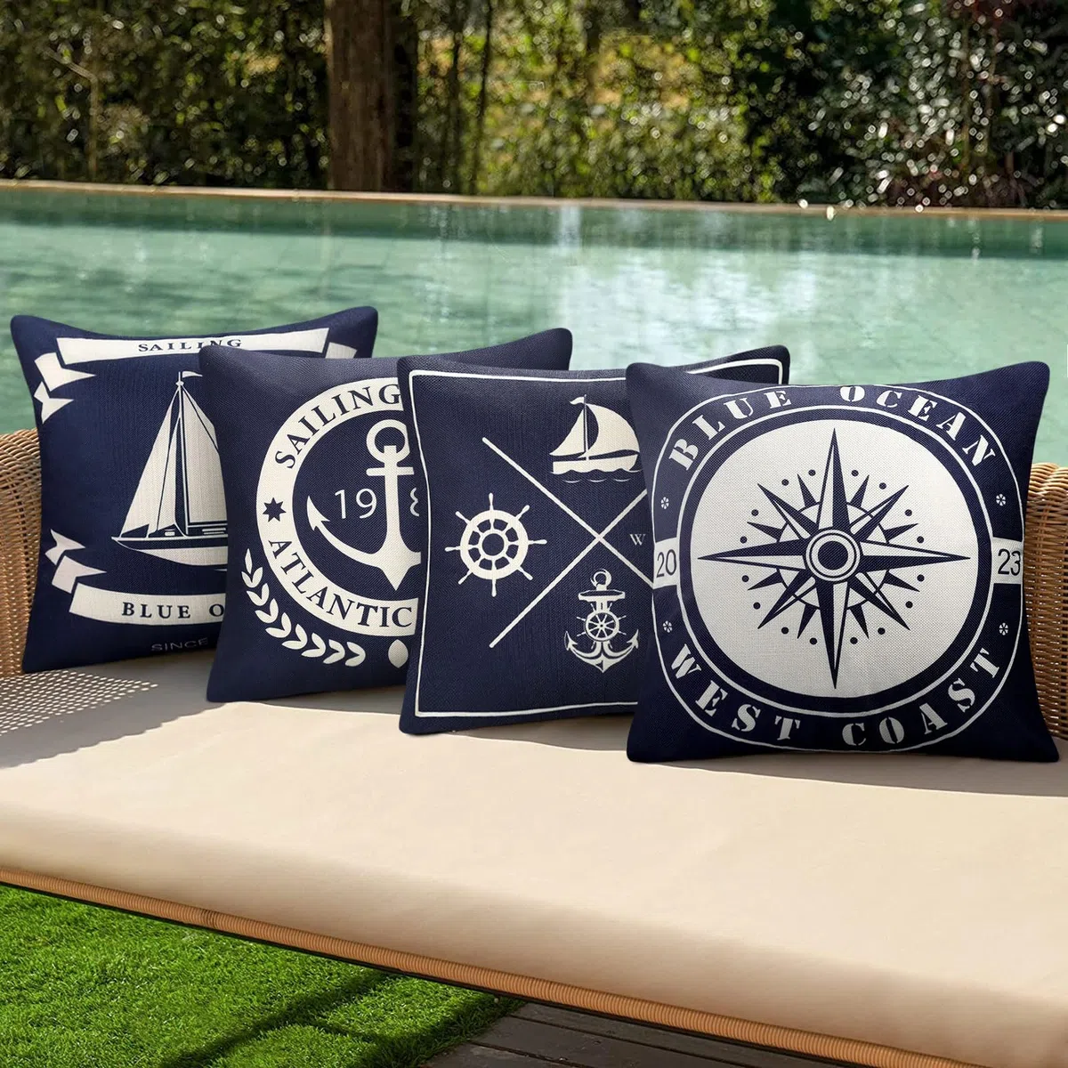 Serento Funda Cojines Exterior Impermeable Fundas de Cojín Náutico Ancla Fundas de Almohada Cuadradas de Lino Decorativas para Sofá Patio Decoración Interior al Aire Libre, 45 cm x 45 cm