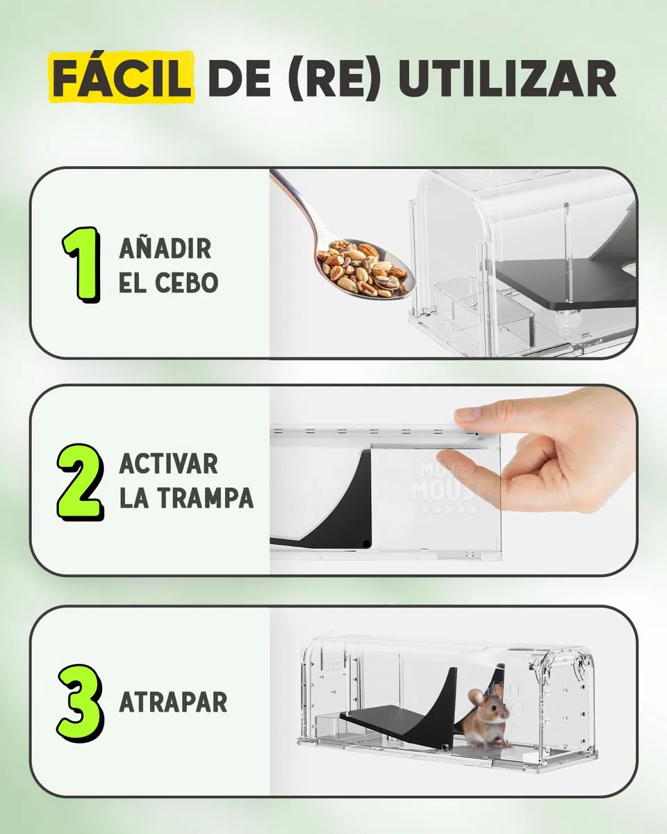 Motel Mouse Trampa Ratones y Ratas Vivos para Interiores y Exteriores - Fácil de Usar, Fácil de Limpiar, Reutilizable, Liberación sin Contacto - con Cepillo de Limpieza