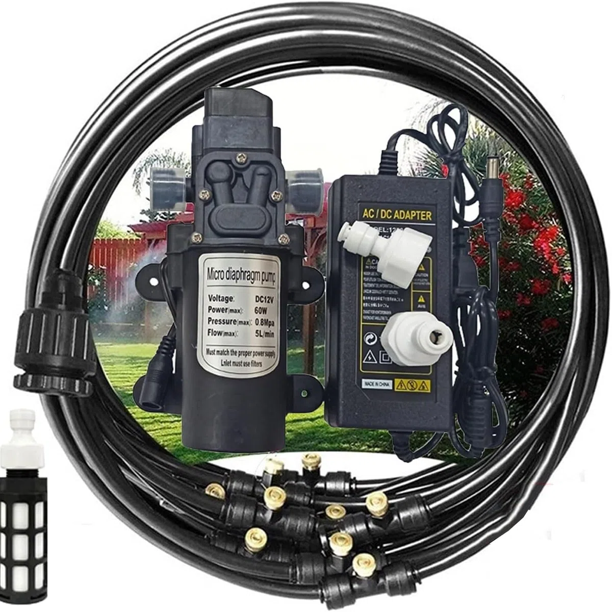Kit Nebulizadores para Terrazas con bomba de 12V, Sisteme de Nebulizacion | para Exteriores jardín Pergola, Kit de Sisteme de Enfriamiento por Nebulización, DIY Automático Riego para Invernaderos