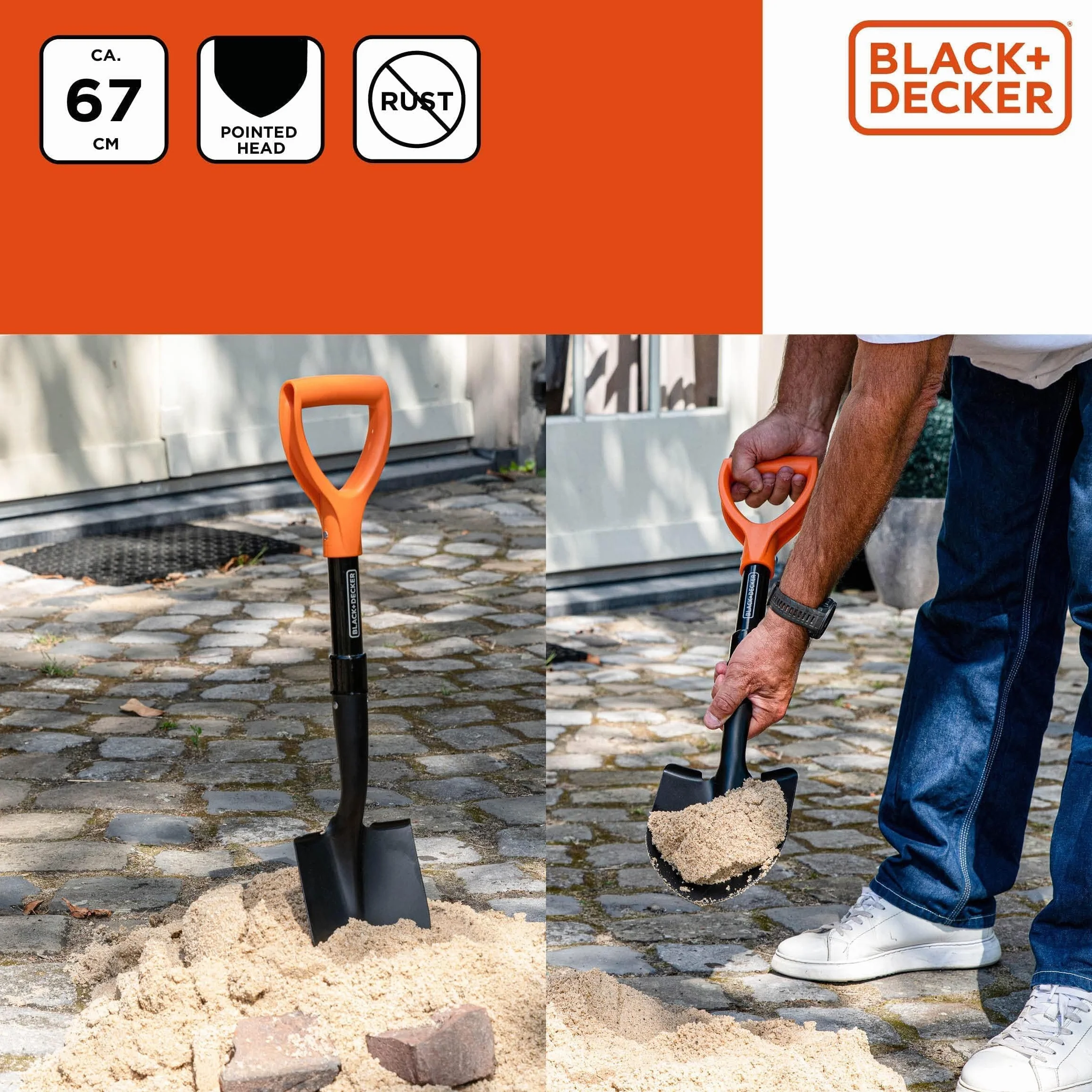 Black+Decker Pala - 67cm - 800gr - Inoxidable - Cabeza de Acero al Carbono y Mango de Fibra de Vidrio - Negro