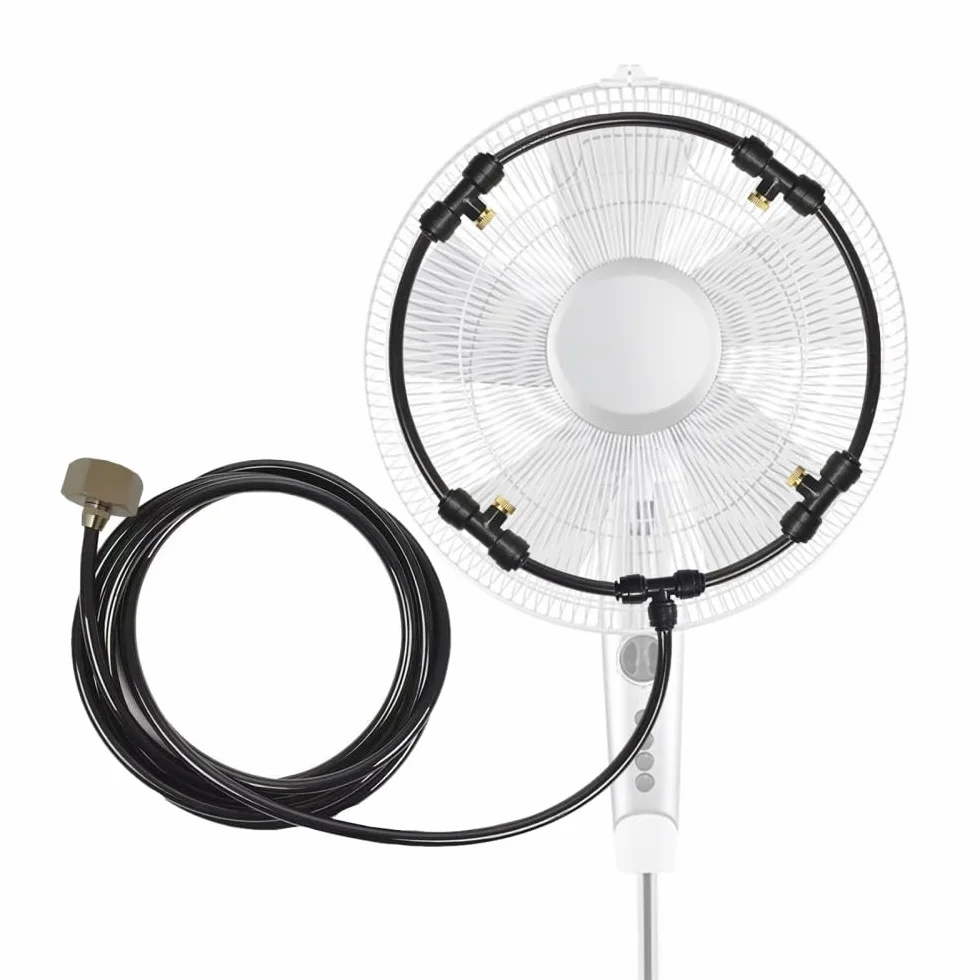 Kit de neblina de ventilador, kit de nebulización de ventiladores de refrigeración para exteriores con línea de nebulización de 3 m y 5 boquillas de latón y válvula de control de agua para
