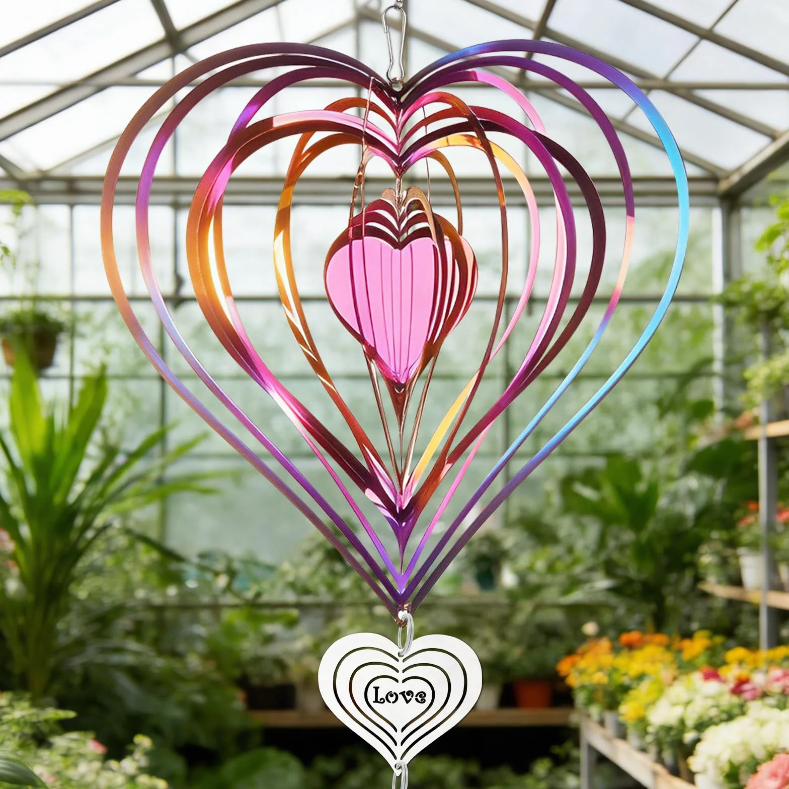 Carillón de Viento y Spinner 3D de Acero Inoxidable, Escultura en Forma de Corazón – Ahuyentador de Pájaros Reflectante, Decoración Resistente a la Intemperie para Jardín, Balcón y Terraza