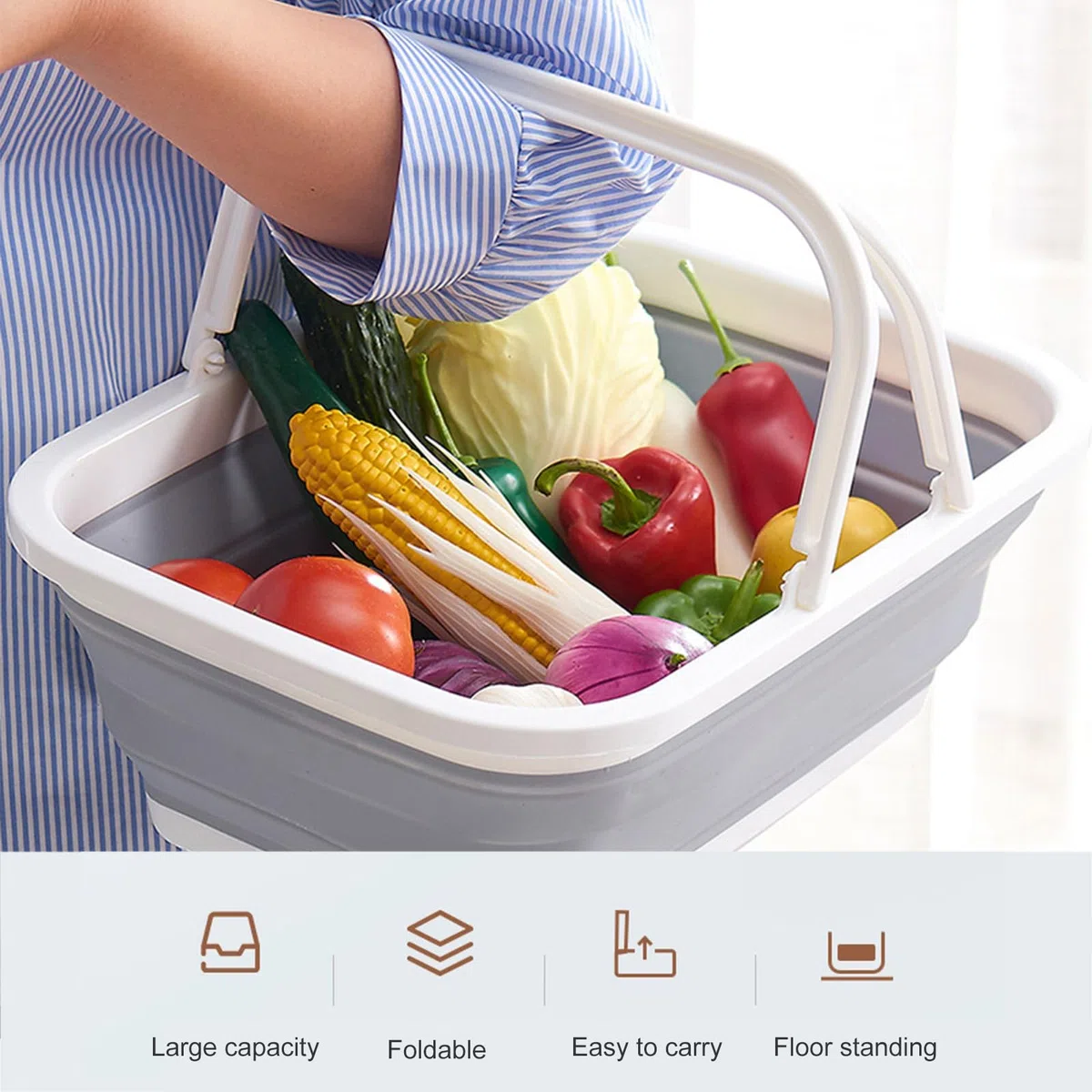 Cesta Plegable para Camping y Picnic, Cesta Picnic Plegable con Asa, Cesta de Pícnic Portátil, Cesta Plegable de Picnic para Acampar Aire Libre, Accesorios Camping, Gris Y Blanco, Plástico