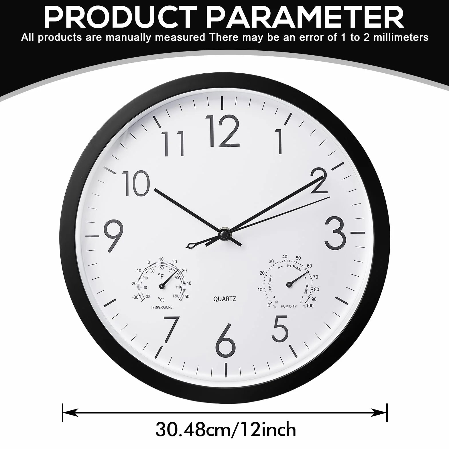 BORDEAG 12 Pulgadas Reloj De Pared, Relojes De Jardín con Termómetro Y Medidor De Humedad, Reloj De Pared Impermeable, Reloj De Jardín Exterior, para Cocina, Dormitorio, Oficina En Casa