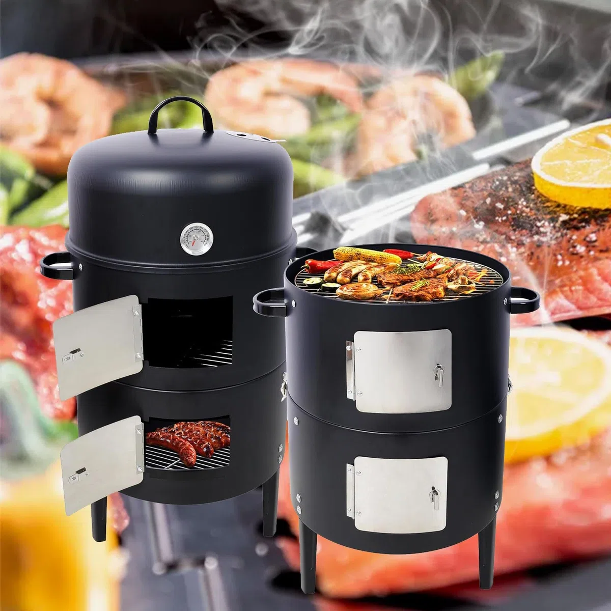 Barbacoa vertical 3 en 1 de 15 pulgadas de acero resistente y ahumador, perfecta para reuniones familiares al aire libre, parrilla para fiestas de barbacoa y cocinas