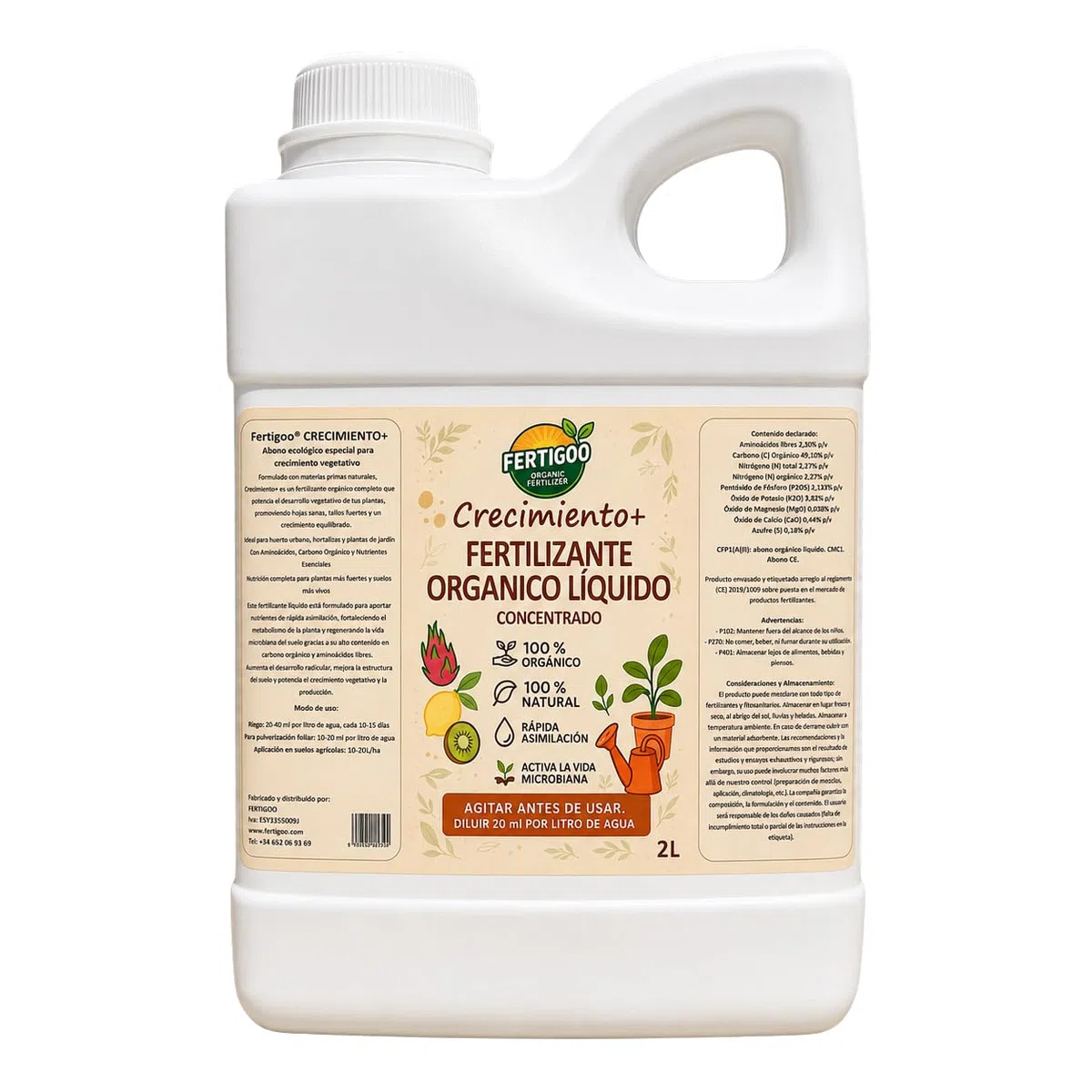 Fertigoo® Abono Huerto Líquido con Extra de Potasio 2L Orgánico 100% | Ideal para Crecimiento, Floración, Engorde de Hortalizas y Fructificación de Árboles