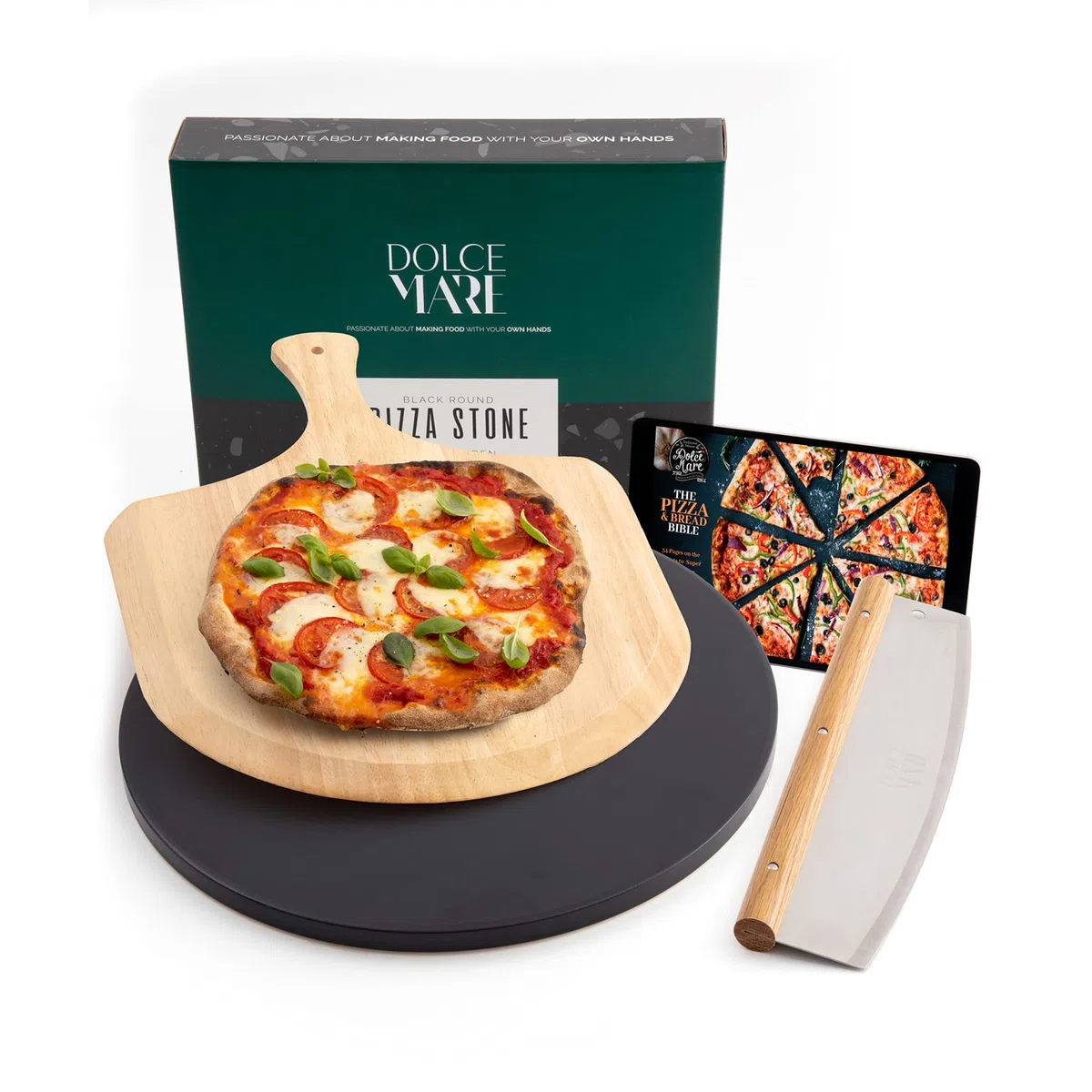 Set con piedra redonda para pizza, pala de madera & cortador - Piedra negra de cordierita de alta calidad apta para horno y parrilla - Piedra para hacer pizzas crujientes al estilo italiano