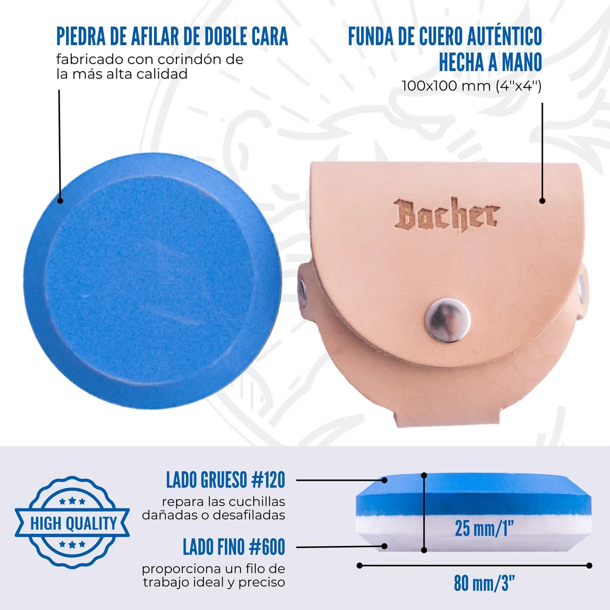 BACHER Premium Piedra Afilar Hacha Redonda, Afilador para Hachas y Cuchillos con Funda de Piel, Piedra de Afilar de Doble Cara (Grano 120/600)