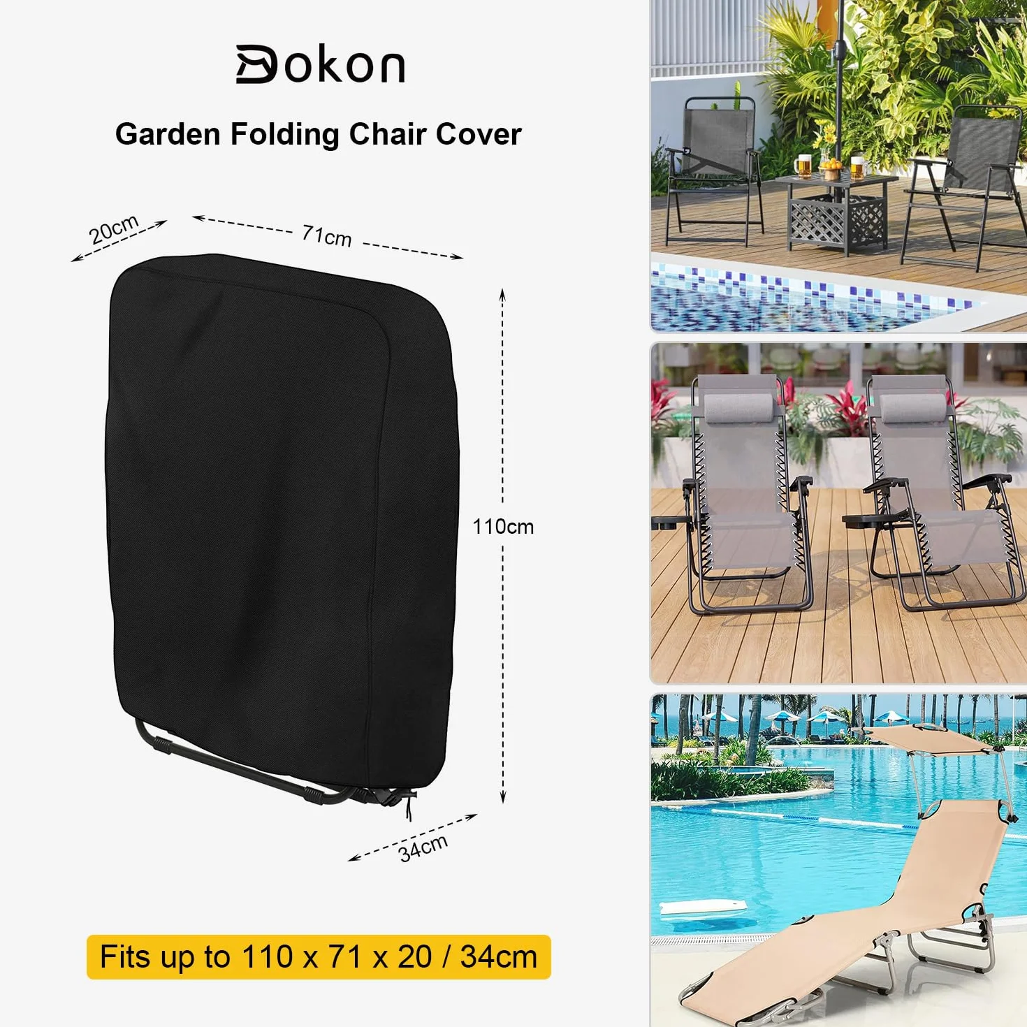 Dokon 2 Piezas Funda para Sillas Plegables de Jardín Impermeable Funda Protectora Tumbona Plegable Exterior con Salidas de Aire, Anti Viento, Anti UV, Tela Oxford 420D Cubierta Silla (110x71cm)