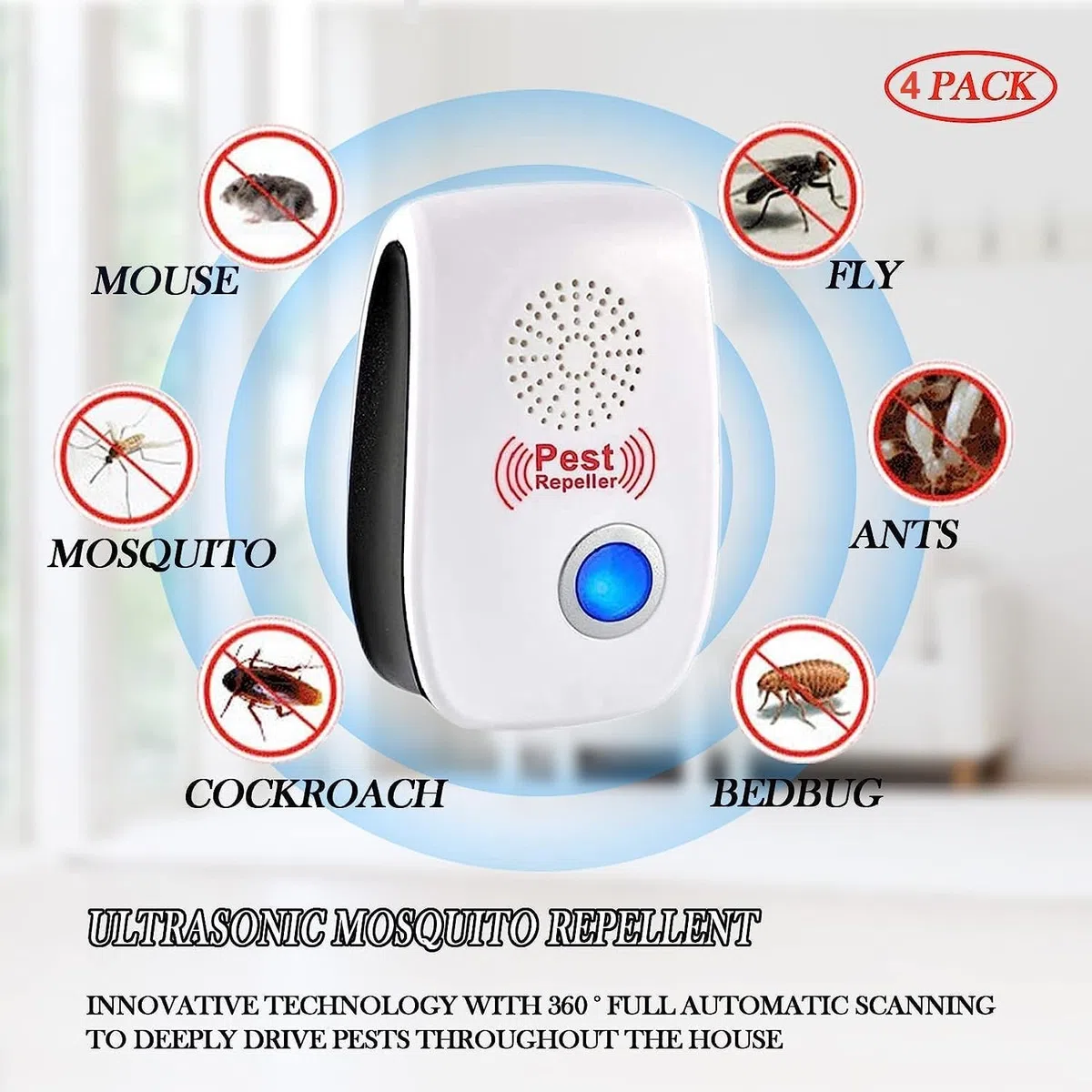 Repelente Ultrasónico de Plagas, 4 Pack Electrónico Repelente Mosquitos Control de Plagas, Repelente Ultrasónico Mosquitos para Anti Moscas, Ratones, Cucarachas, Arañas, Roedores