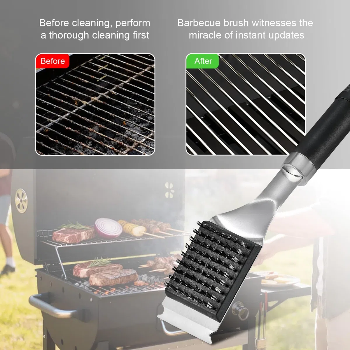 Cepillo y Rascador para Barbacoa con Mango Extralargo, Cepillo de Alambre para Carbón, Eléctrica y Gas, Incluye 2 Cepillos de Repuesto con Tornillos y Destornillador