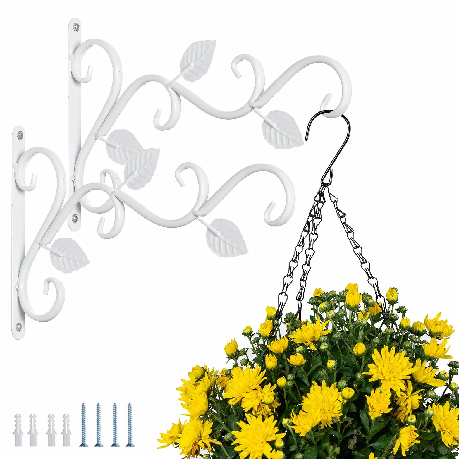 Soporte para Plantas para Colgar en la Pared, 2 Piezas Ganchos para Colgar Hierro Blanco Soportes ara la Pared 29.5cm Maceta Alimentador Pájaros Colgador Gancho Jardín Exterior Retro Tornillos Balcón