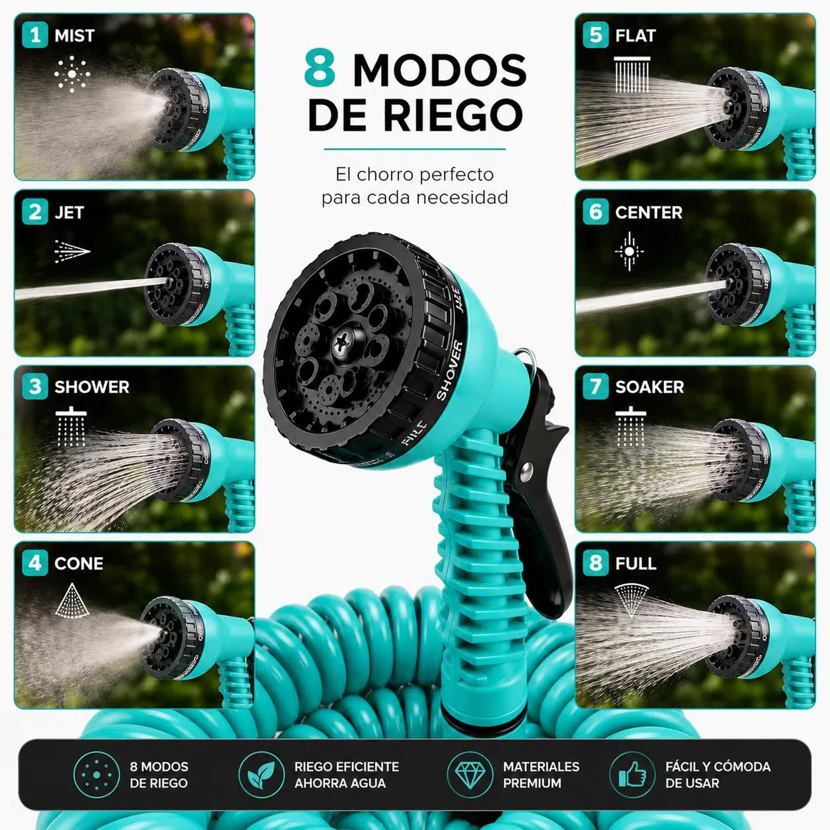Manguera Extensible de Jardín 15m, manguera de riesgo agua .Manguera en espiral de jardín, Manguera de agua extensible, Manguera de riego espiral, 8 modalidades de riesgo.