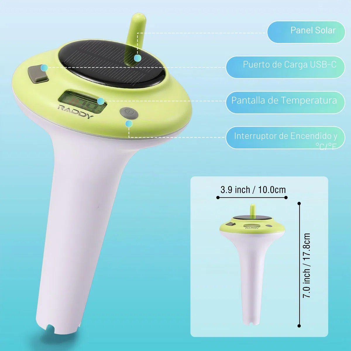 Termómetro flotante para piscina Raddy PT-5, energizado por sol y batería, IPX8, resistente al agua, fácil de leer, digital para piscina, jacuzzi, tubos fríos, estanques