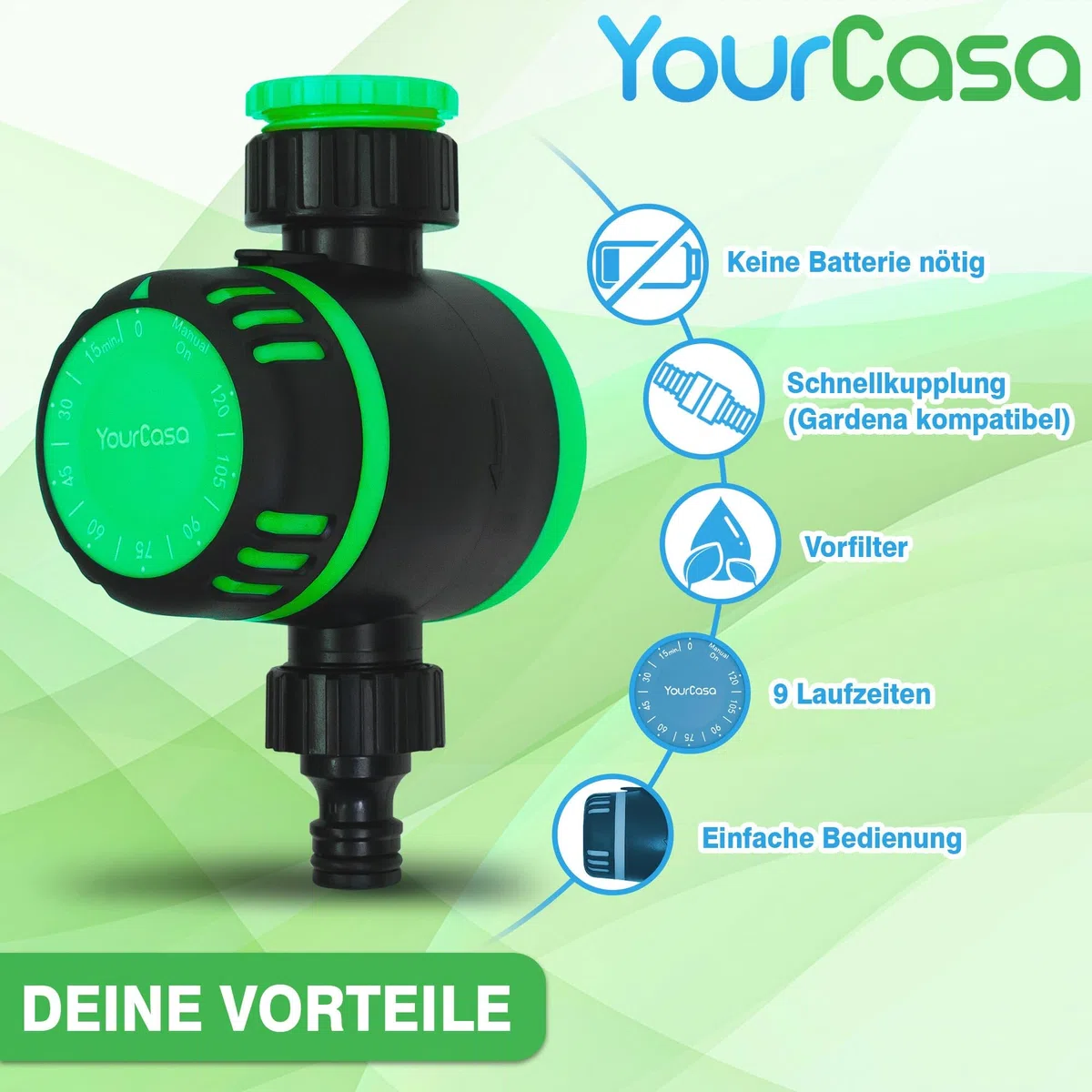 YourCasa Reloj de riego mecánico con filtro [120 min], temporizador con acoplamiento de manguera, grifo de jardín, temporizador automático (verde)