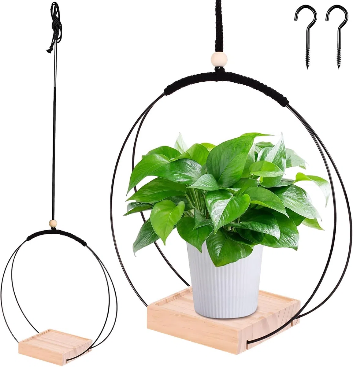 2 Macetas Colgantes de Macramé con Base de Madera Set de 2 Piezas, Colgadores Dorados para Plantas, Maceta Colgante para Interiores y Exteriores, Gancho Incluido