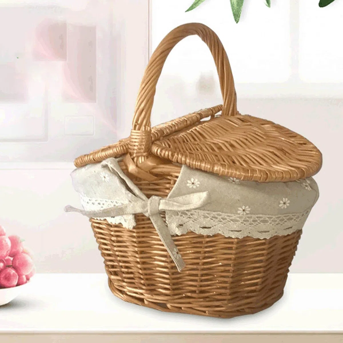 Cesta de picnic de mimbre tejida a mano con forro lavable para acampar al aire libre