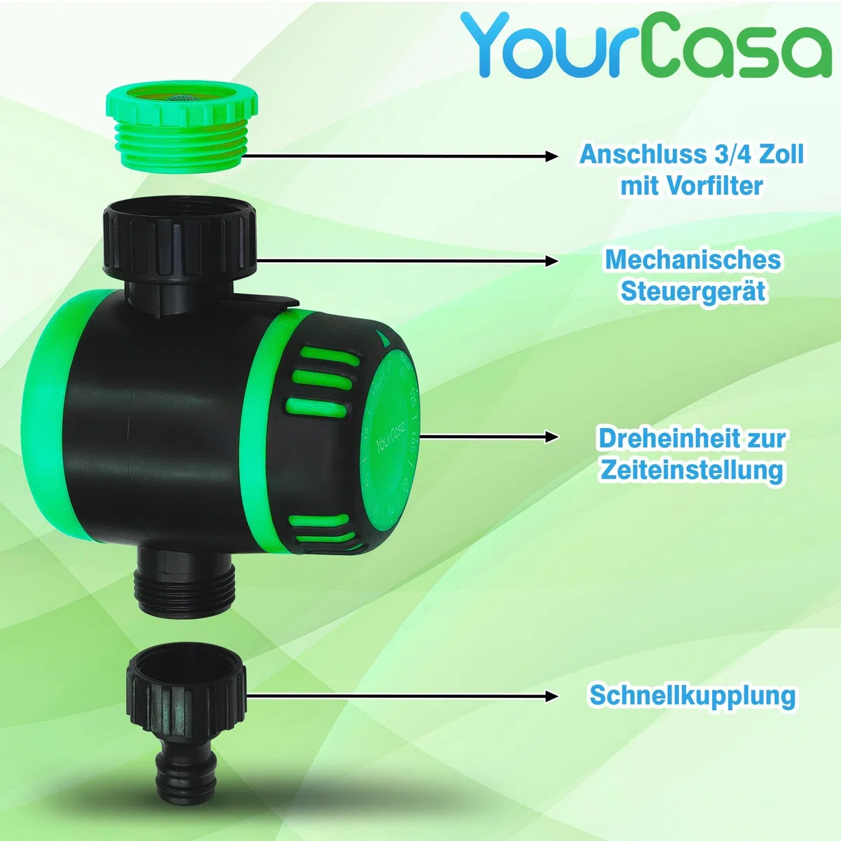 YourCasa Reloj de riego mecánico con filtro [120 min], temporizador con acoplamiento de manguera, grifo de jardín, temporizador automático (verde)