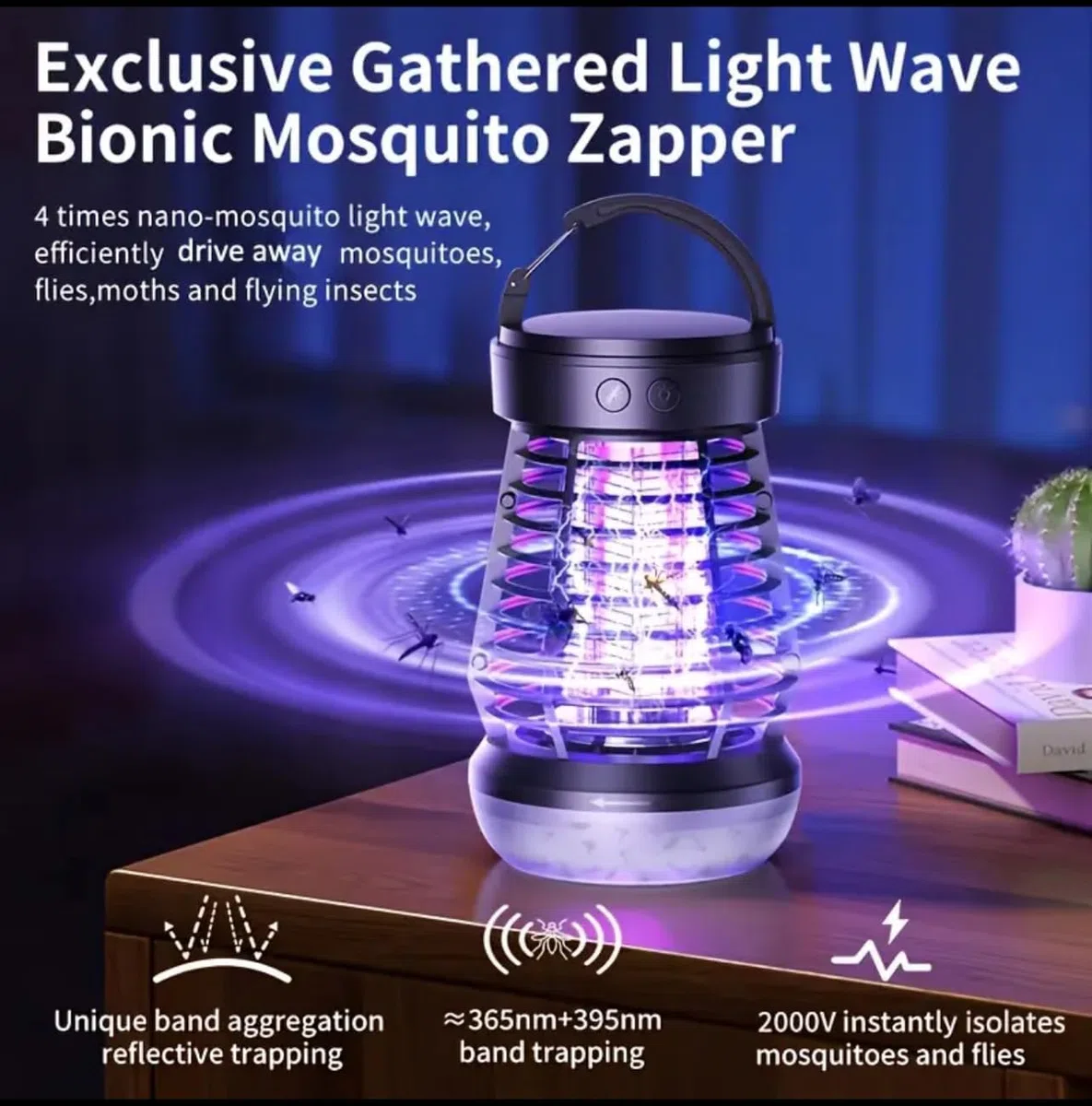 Lámpara Matamosquitos UV 2000V Recargable 2000mAh, Antimosquitos Eléctrico Portátil con Carga USB, Luz LED Suave y SOS, Impermeable IPX4 para Camping, Jardín, Balcón y Dormitorio