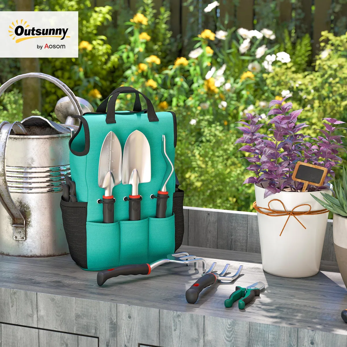 Outsunny Juego de Herramientas para Jardín de 9 Piezas Robusta Juego de Herramientas Jardinería de Aluminio con Tijeras de Podar con Bloqueo Seguro y Bolsa de Jardín Ligera para Mujeres y Hombres