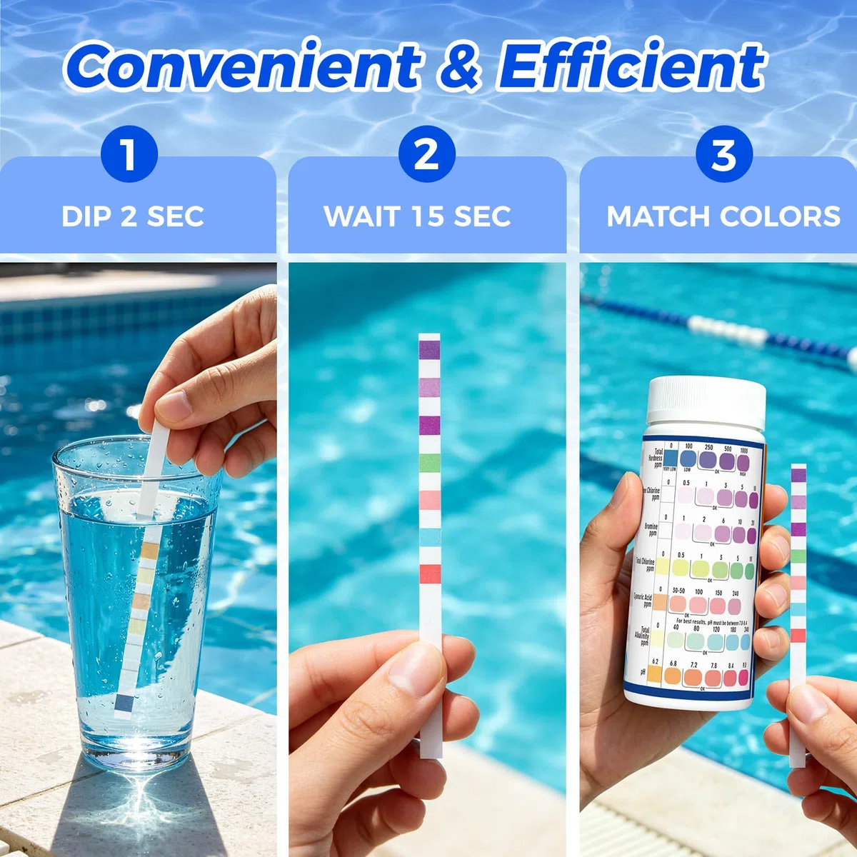 7 en 1 Tiras Reactivas para Baños de Hidromasaje, 150 pcs | Tiras de Prueba para Piscinas y Spa, mide el pH, Cloro Libre, Cloro Total, Bromo, Alcalinidad Total, Dureza Total y Ácido Cianúrico
