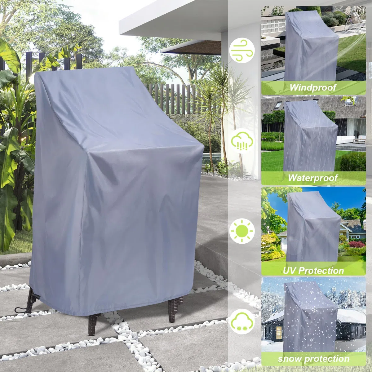 2 Piezas Funda para Sillas Apiladas de Jardin Impermeable Fundas Sillas Terraza Exterior con Cordón,210D Oxford Protectora Sillas para Patio Terraza,64x64x120/70CM (Gris)