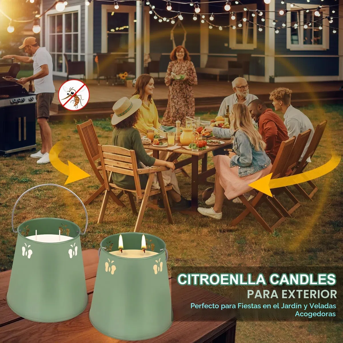 2 velas grandes de citronela, 2 mechas, 2 mechas, con asas, cera de soja, para jardín, camping, terraza, barbacoa o tarde de verano