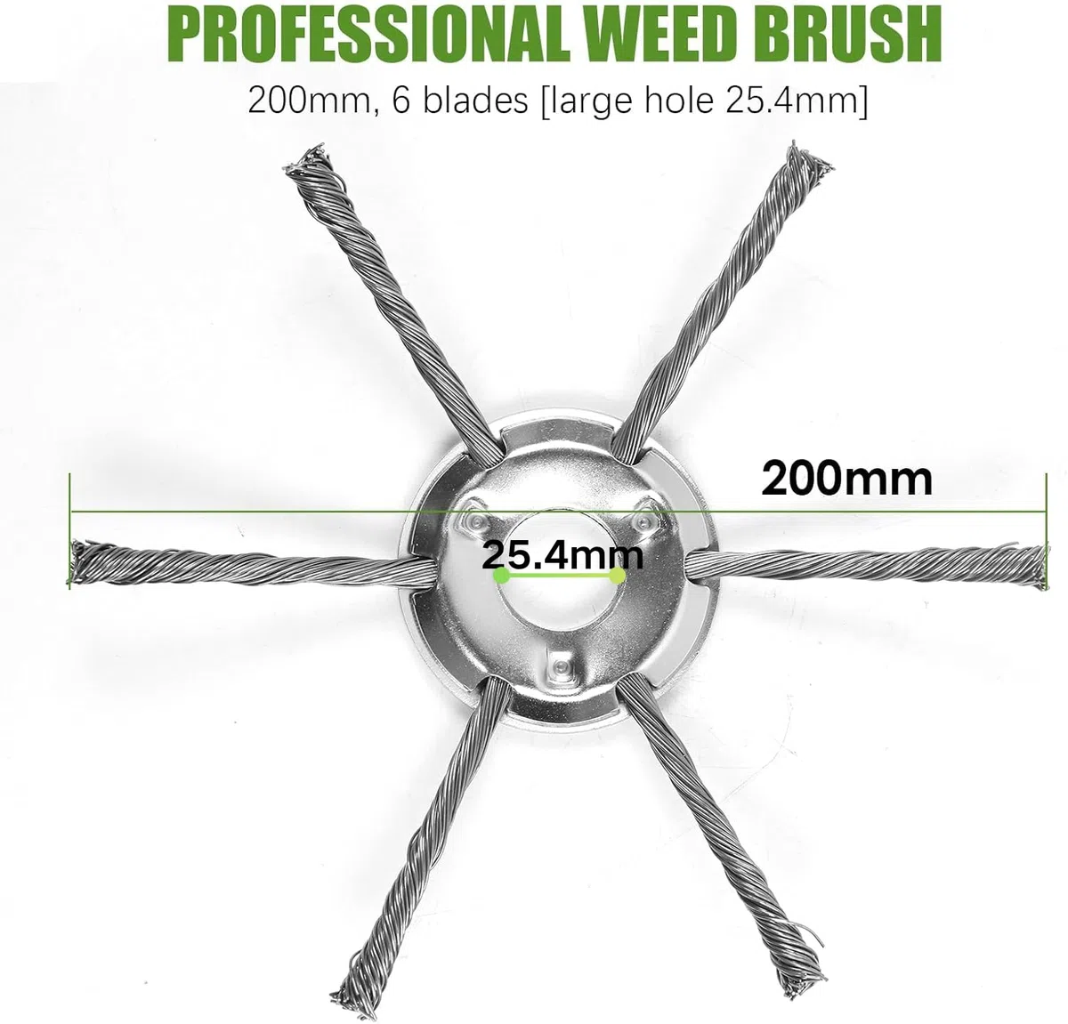 Cabezal Desbrozadora de Alambre de Acero, Diámetros 200 mm, Tamaño Orificio de 25,4mm, con 6 Cables de Acero Trenzado y 3 Accesorios, para Desbrozadora Jardín para Maleza, Musgo