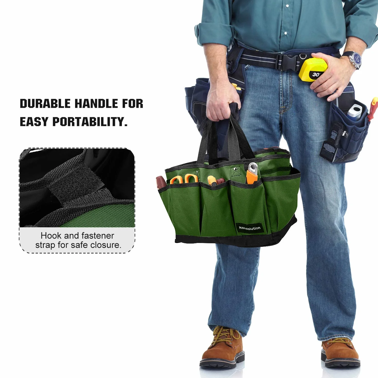 Housolution Bolsa de Jardín Herramienta, Hogar Bolsa de Mano Almacenamiento con Bolsillos para Organizar Juego de Herramientas de jardinería, Resistente al Desgaste y Reutilizable - Verde Osguro