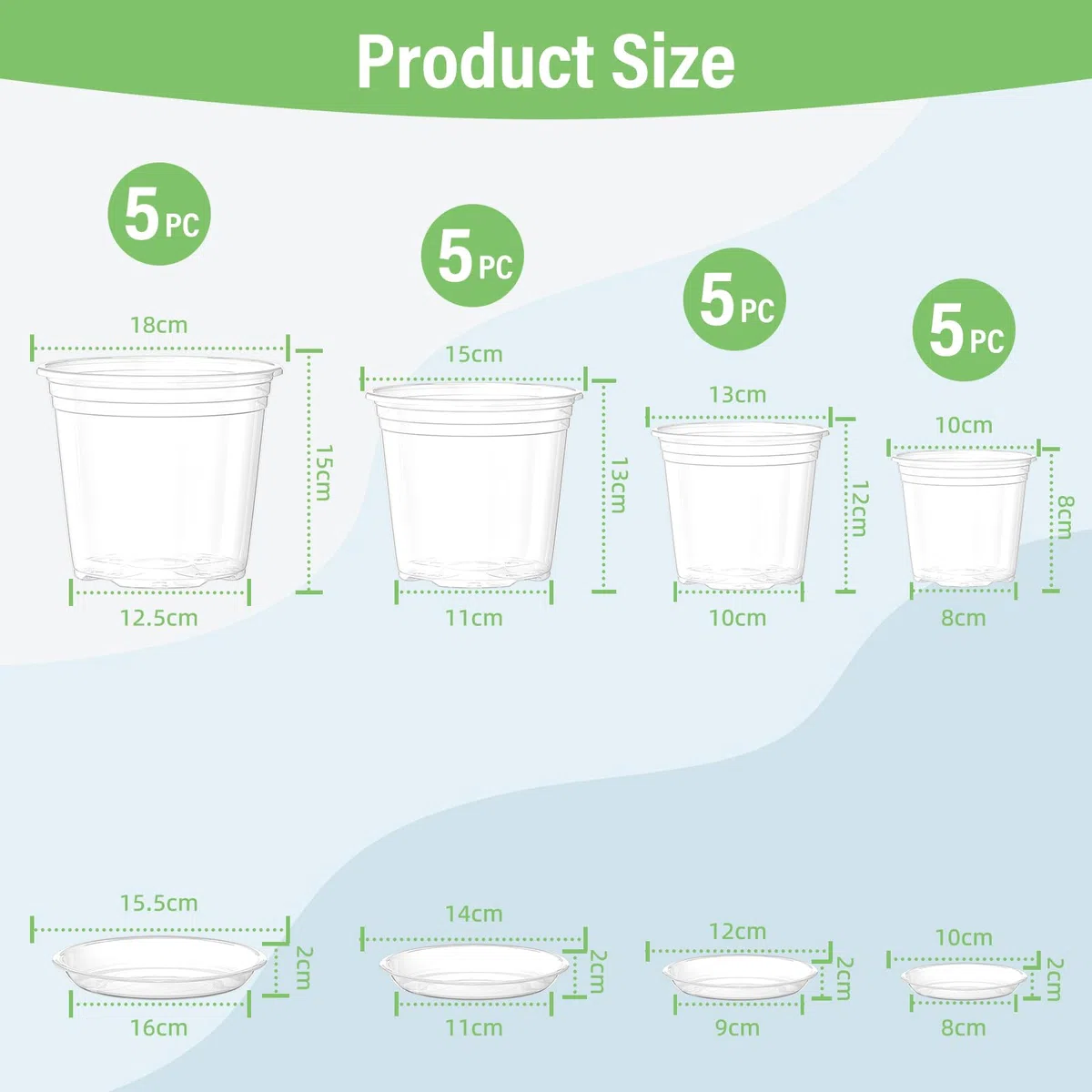 20 macetas de cultivo transparentes con posavasos, macetas de plástico con orificios de drenaje, ideales para interiores y exteriores (10/13/15/18 cm)