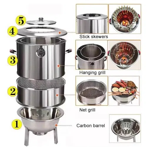 Barbacoa vertical de carbón ahumador con termómetro, barril desmontable sin humo para separación de aceite y carbón