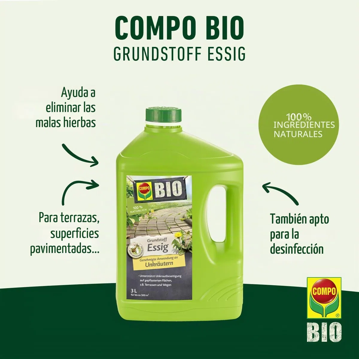 COMPO Vinagre ecológico para eliminar malas hierbas, 100% natural, 3 L para 500 m2, amarillento