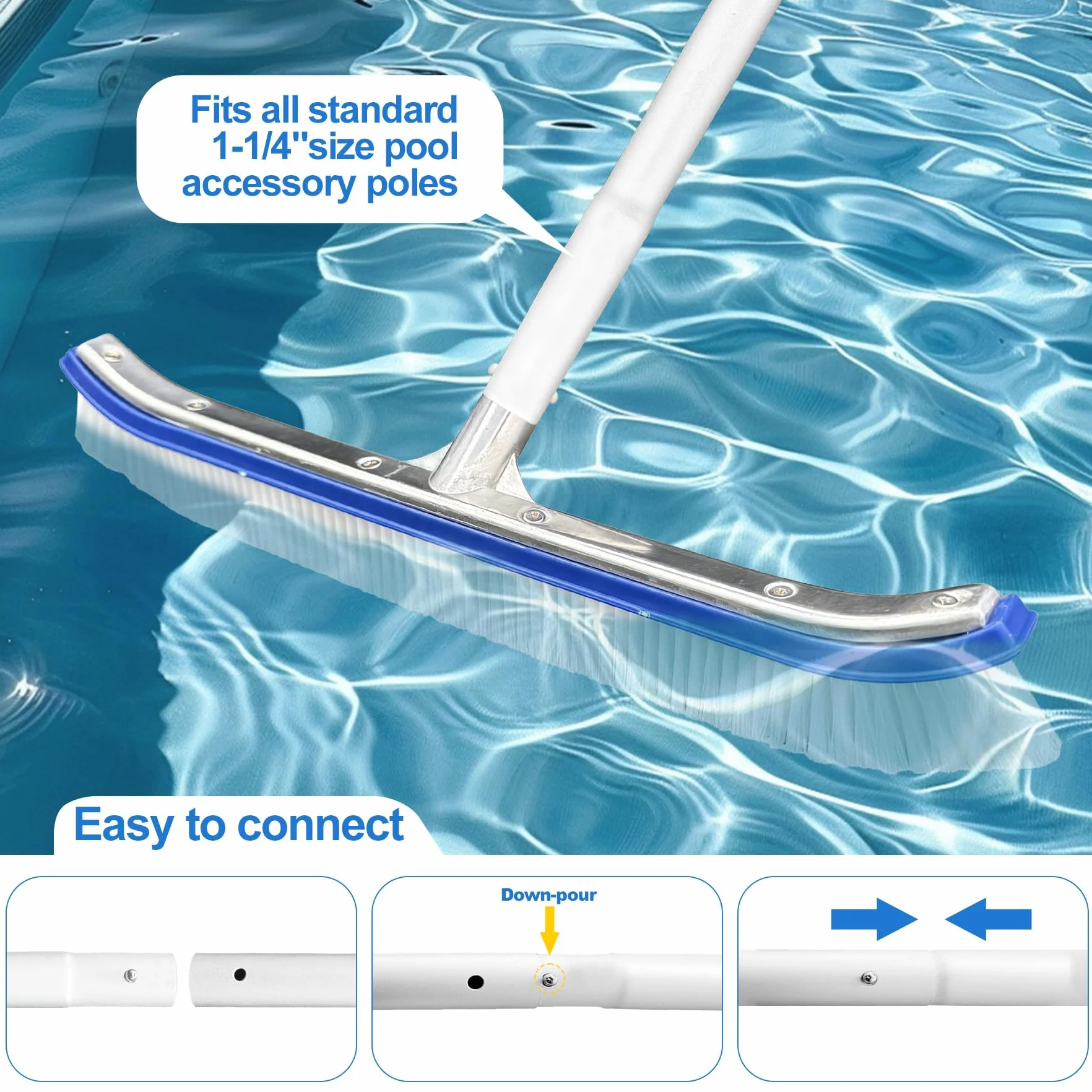 TZEKING Cepillo Piscina con pertiga 180cm,Cepillo para Limpiar Piscinas 43cm,Kit Piscina Limpieza,con Extremos Curvos,Borstels Reinigen Wanden,Tegels en Vloeren Moeiteloos