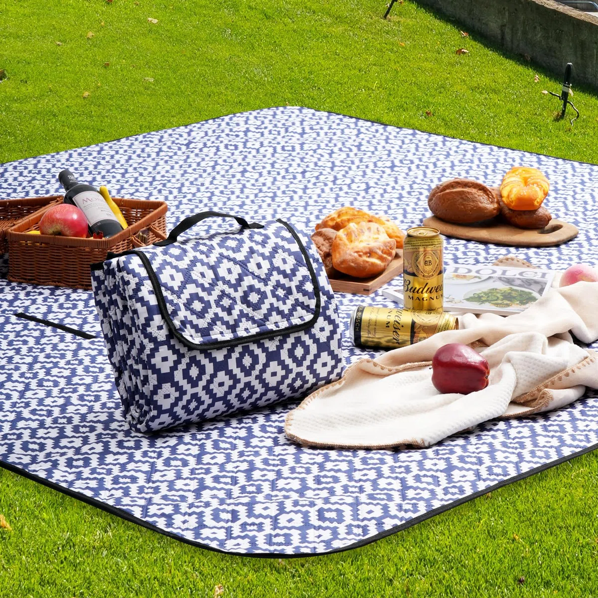 Oak & Tea Manta de Picnic Esterilla Playa Impermeable con 4 Hebillas de Esquina Manta Camping para Playa y Camping 150 x 200 cm Color Azul y Blanco