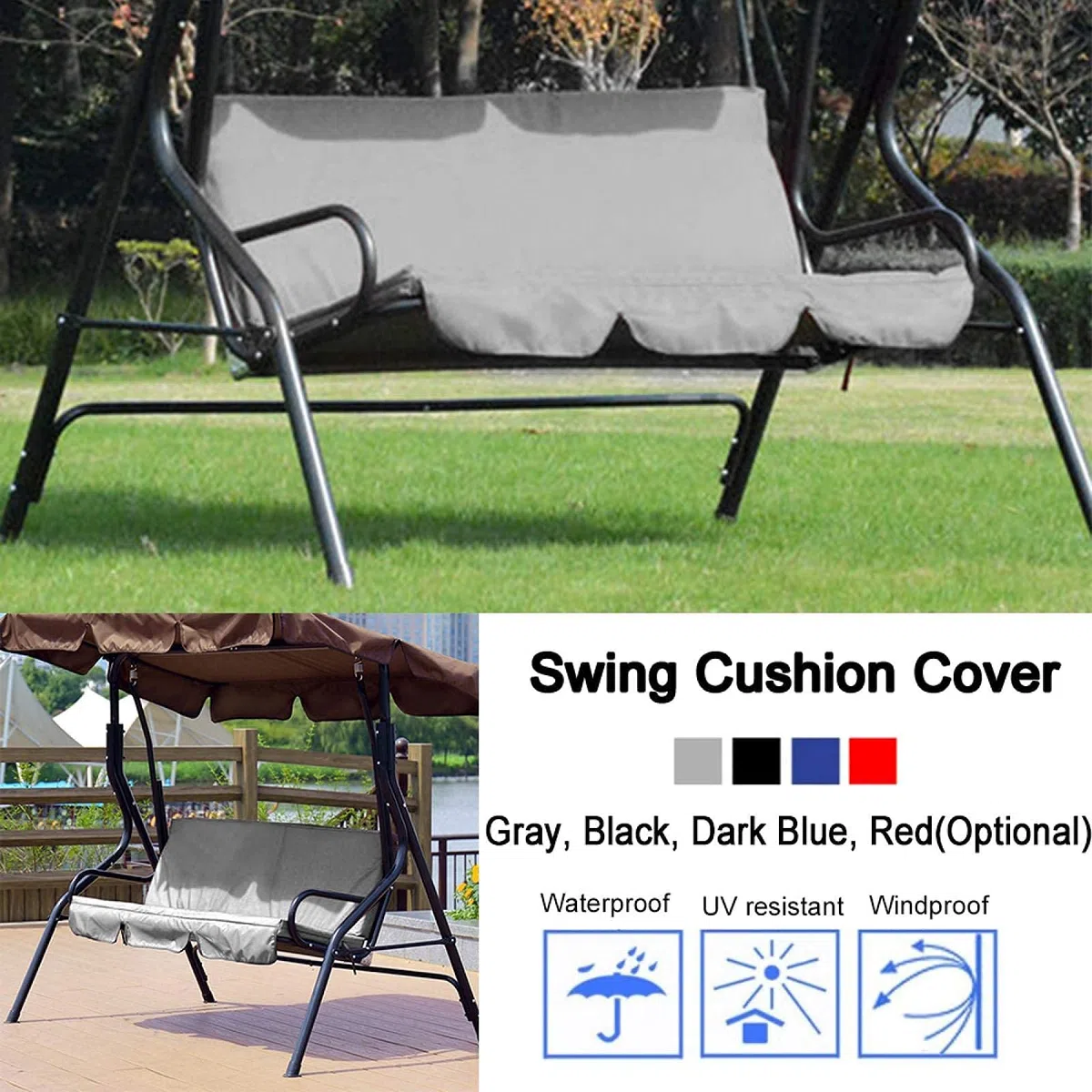 Omabeta Columpio al Aire Libre Silla de 3 Asientos Cojín Impermeable Reemplazo Funda de Asiento de Columpio Cubierta de protección para Silla de Columpio para Patio Exterior para Patio, jardín(Gris)