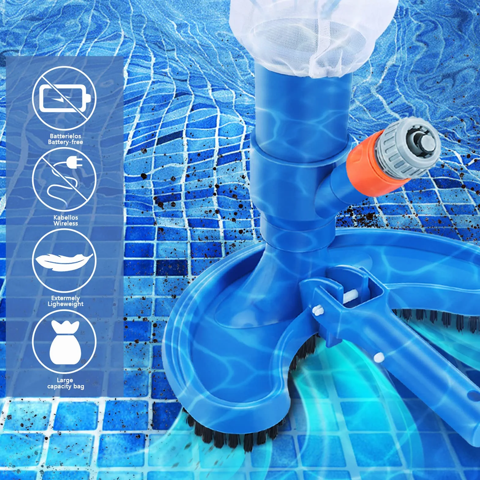 Aspirador de Piscina Portátil Aspiradora de Piso de Piscina Cepillo de Piscina con Bolsa de Malla Manual Accesorios de Limpieza de Piscinas para Piscinas Estanques y Fuentes