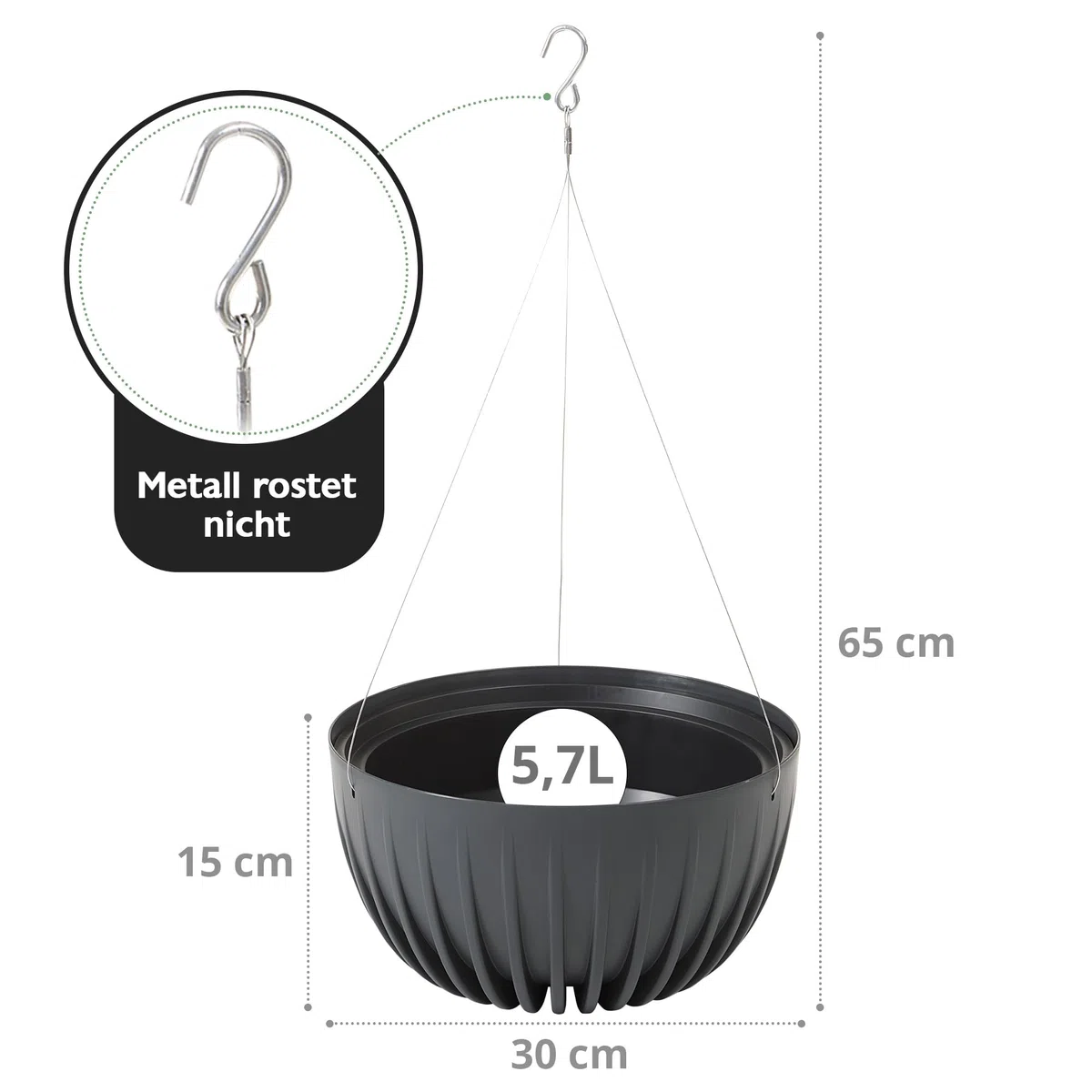 KONZEPT Maceta colgante exterior e interior en antracita, maceta de 30 cm de diámetro, maceta colgante para plantas de plástico