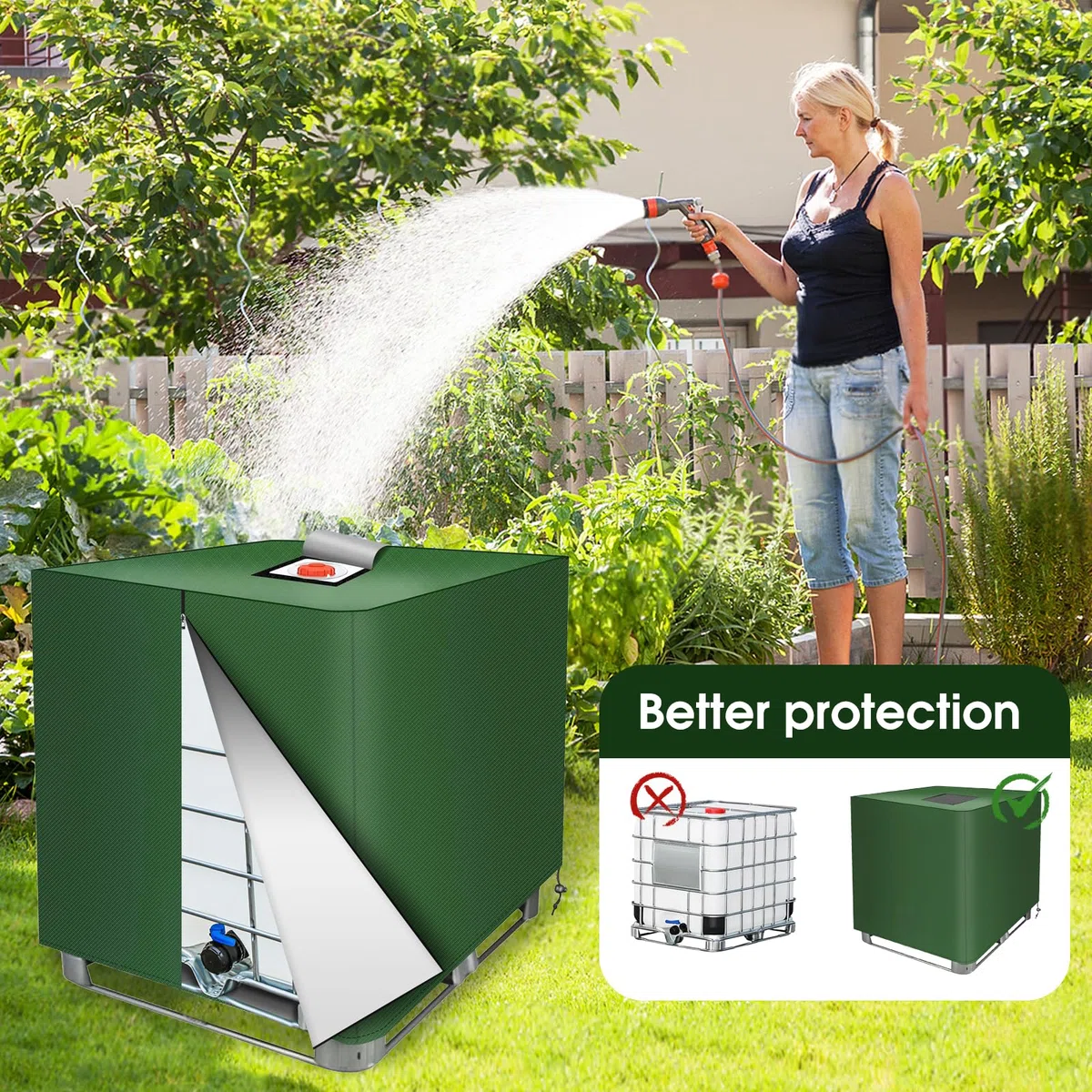 Ulikey Cubierta para Tanque IBC 1000L, 120 x 100 x 116 cm, Cubierta Funda Deposito, 420D IBC Tank Cover con Cremallera, Cierre de Cubierta Protectora Anti-UV para Tanque de Agua (Verde)