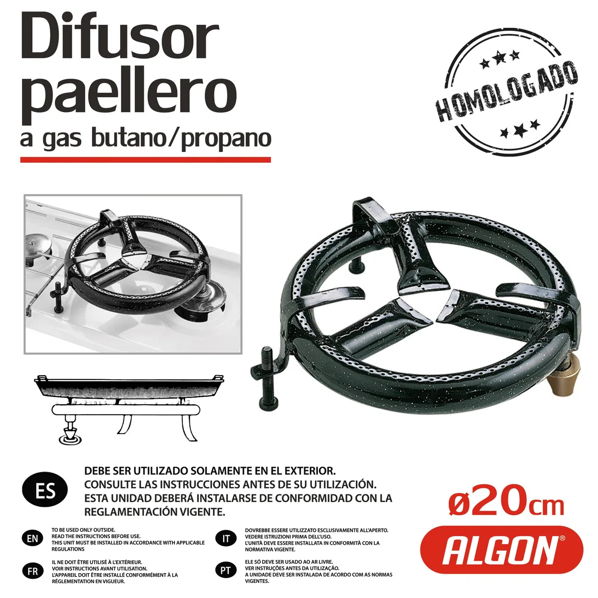 Algon | Paellero Gas Butano/Propano, Metálico Esmaltado, Ø 20 cm - Paellero de Gas Diametro 20 cm