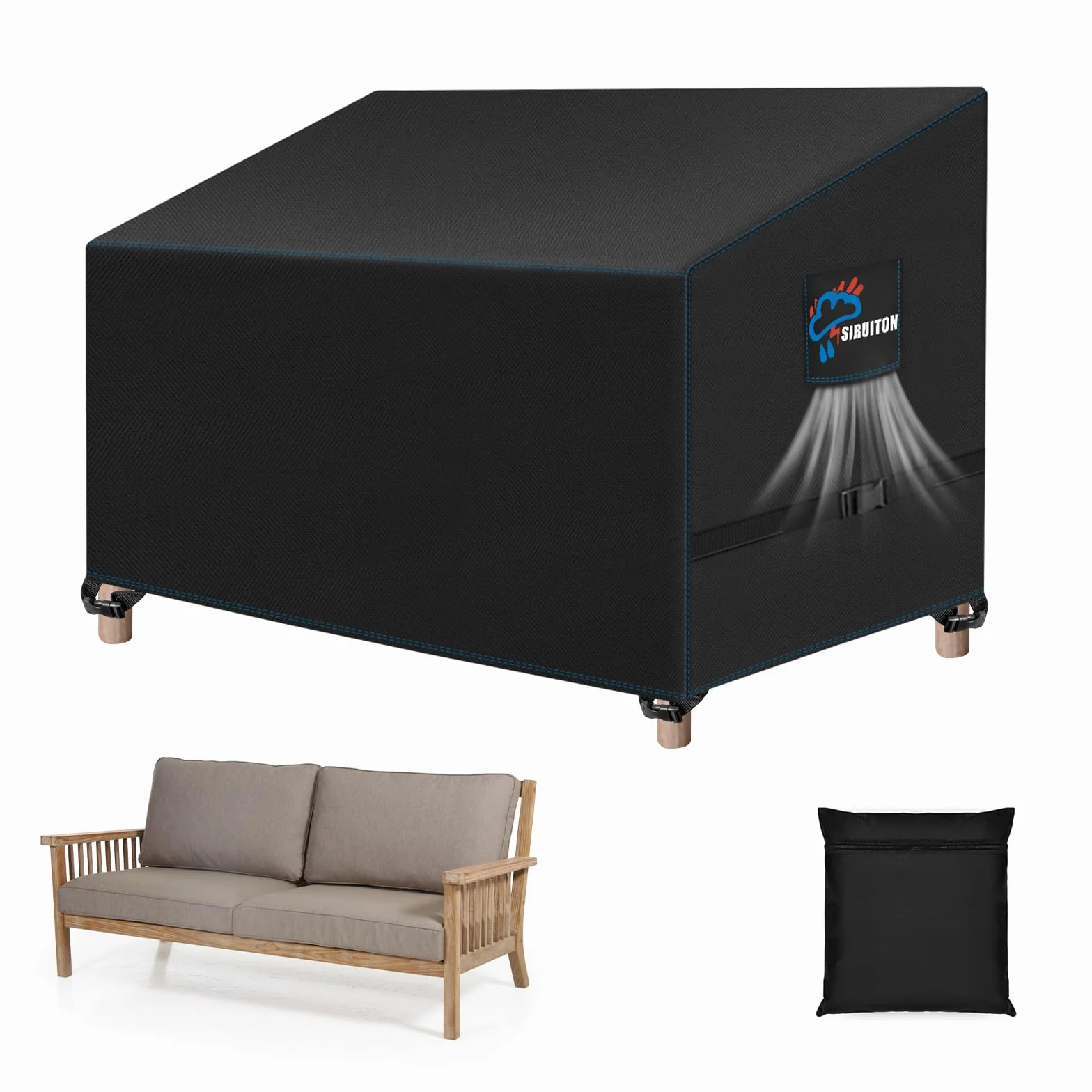 SIRUITON Funda protectora para bancos de 2 plazas, cubierta para banco de jardín, revestimiento resistente a los rayos UV en el interior, color negro, 131 x 69 x 65/89 cm