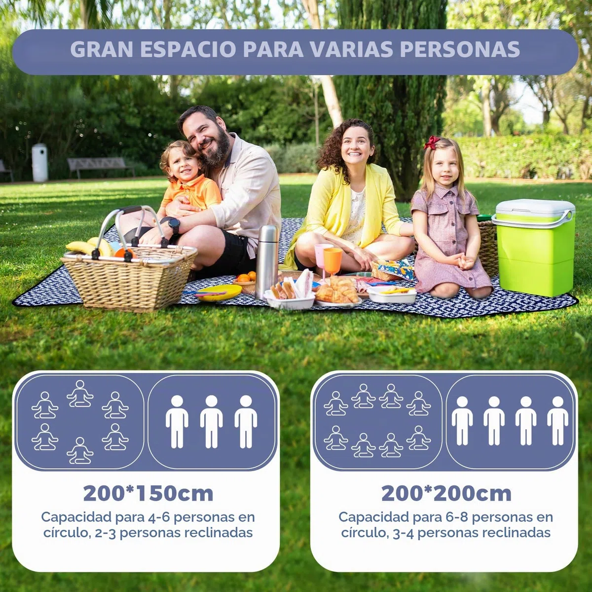 Oak & Tea Manta de Picnic Esterilla Playa Impermeable con 4 Hebillas de Esquina Manta Camping para Playa y Camping 150 x 200 cm Color Azul y Blanco