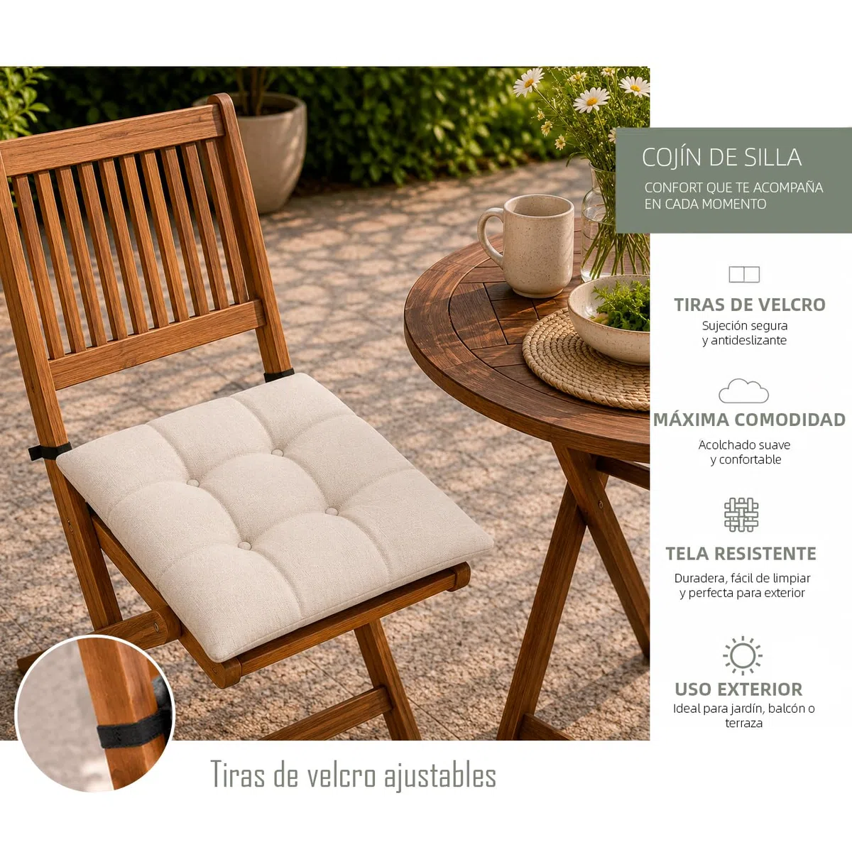 MERCURY TEXTIL- Pack de 2 Cojines para Silla 40x40x8cm Acolchados, Relleno de Copos de Poliuretano con Cintas de Sujeción Antideslizantes, Interior y Exterior. Fabricado en España(Pack 2, Beige)