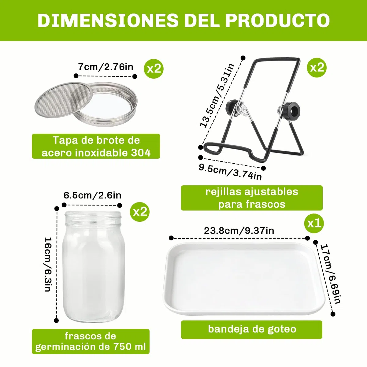 Kit de Tarros de Germinación, Kit de Brote de Semilla con 2X 750ml Frascos de Germinación, 2X Soporte, 1x Bandeja,2 Filtros de Acero Inoxidable, para Cría de Brotes